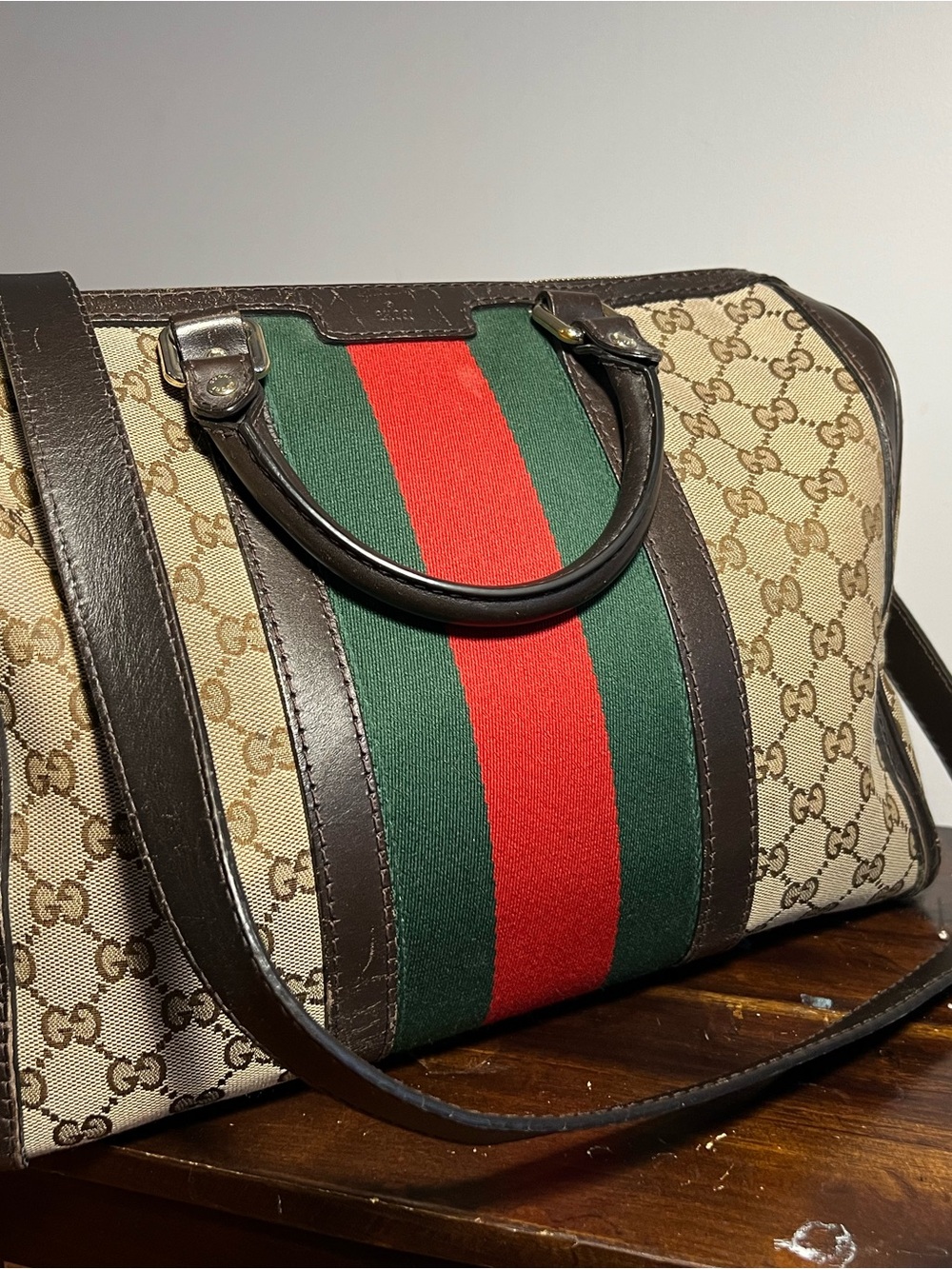 Gucci Beige Monogram Satchel with Green & Red Center Stripe - Picture 2 of 16